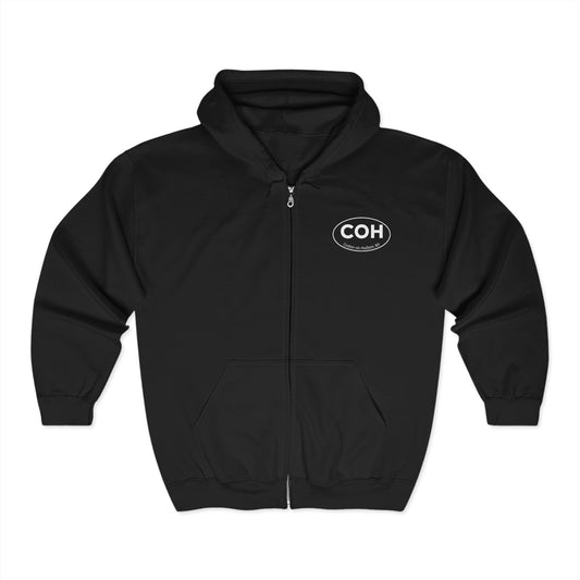 Unisex Zip up hoodie- DAM RIGHT on back/ COH front
