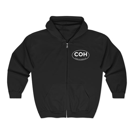 Limited edition unisex zip up hoodie- DAMNED on back/ COH front