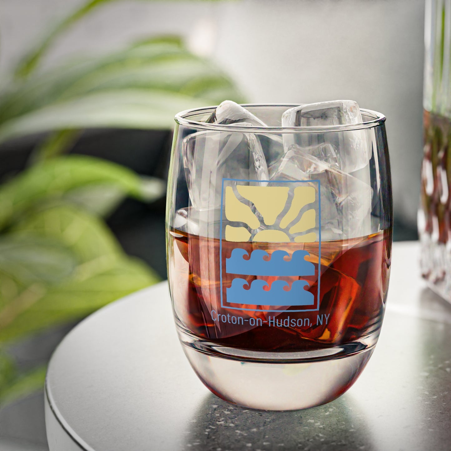 Distressed Sun over River Croton Whiskey glass